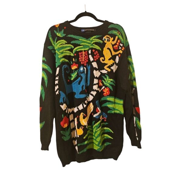 IB DIFFUSION 90s Jungle Monkeys Tropical Embroidered Sweater - Size Large - Picture 1 of 7